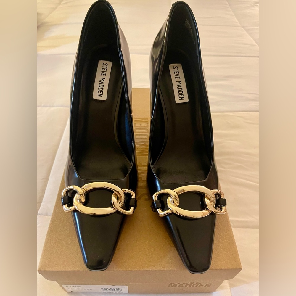 Steve Madden Black Heels with Gold Chain Detail